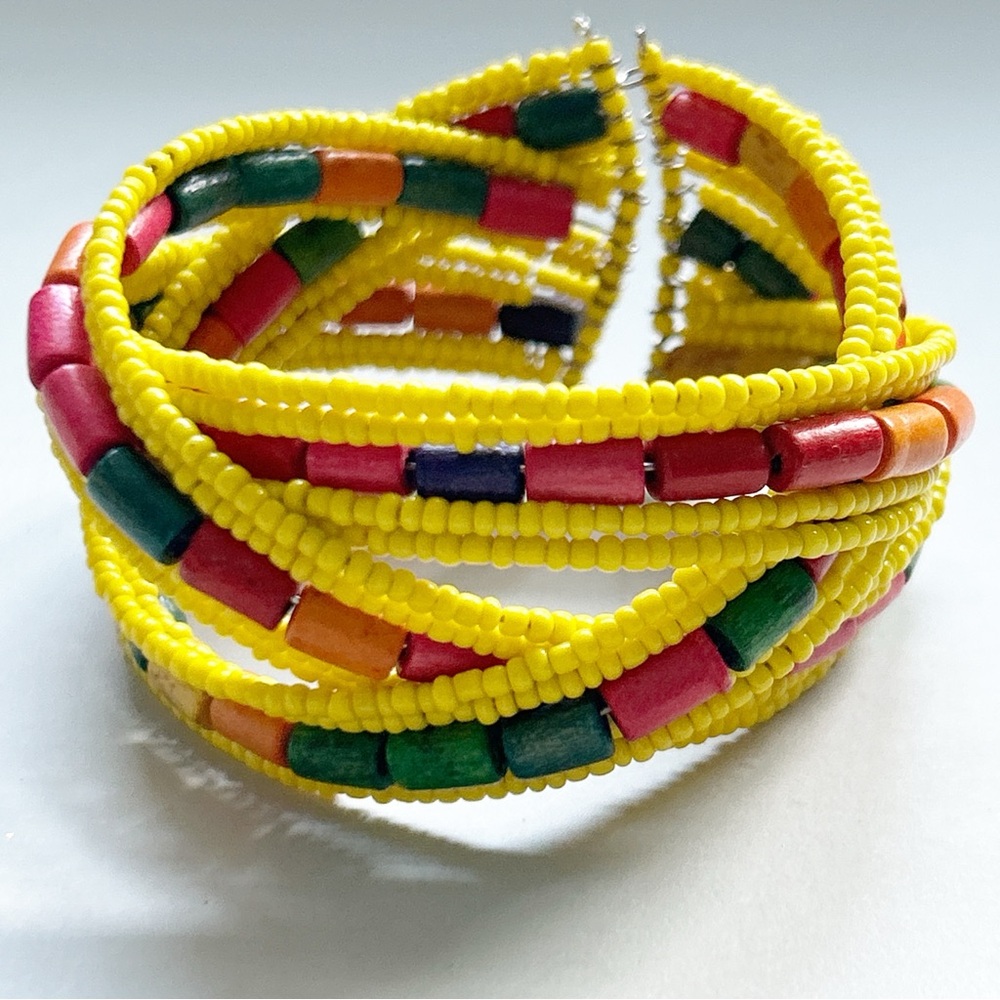 Handcrafted Colorful Seed and Wood Beaded Braided Cuff Bracelet